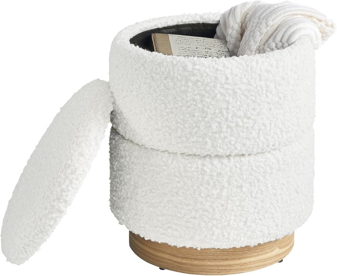 Round Ottoman with Storage, Modern Boucle Ottoman Upholstered Foot Stools with Wood Base, Vanity Stool Chair, Footrest Stool Extra Seat for Living Room Bedroom Entryway (White), Onesize