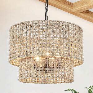 5-Light Boho Rattan Chandelier Light Fixture 19" Large Hand Woven Rustic Chandeliers Farmhouse Drum Hanging Light for Living Room Dining Room Kitchen Island Foyer Entryway, E12
