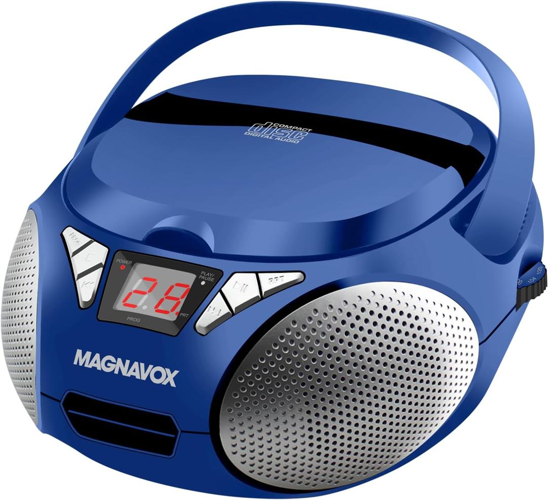 Magnavox Portable Top Loading CD Boombox with AM/FM Stereo Radio in Black | CD-R/CD-RW Compatible | LED Display | AUX Port Supported | Programmable CD Player | (Blue)