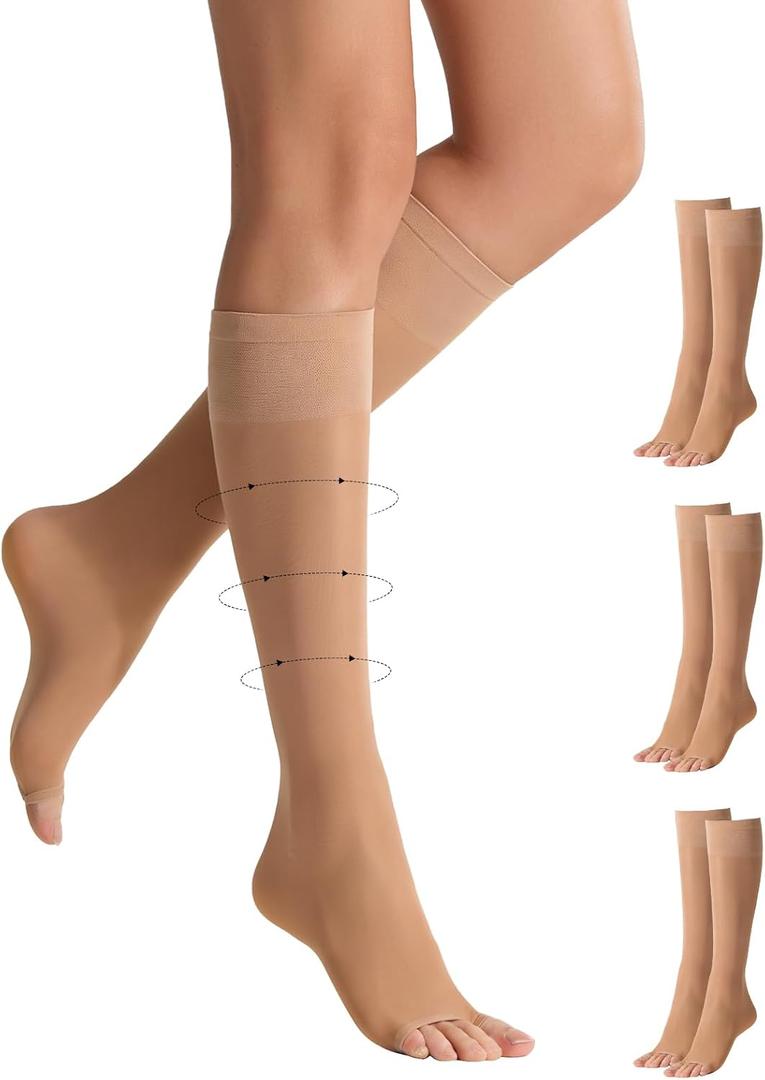 Yilamy 3 Pairs Toeless Compression Socks Sheer Knee High Open Toe Trouser Socks 8-10 mmHg Stockings for Women (Beige, M)