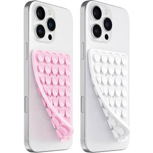 4 x PKYAA 2 Pack Silicone Suction Cup Phone Case Mount Double Sided, Hands-Free Silicon Phone Grip with Higher Suction Power for Selfies and Videos, Non Slip Phone Accessories (LightPink&White)
