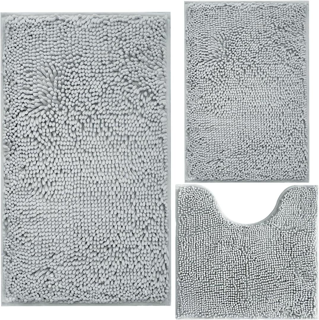 Bathroom Rugs Sets 3 Piece Extra Soft and Absorbent Shag Bathroom Rugs, Machine Wash Mat, Strong PVC Non-Slip Underside, Plush Carpet Mats (Light Grey) (2'8" x 1'8" (16x24"+20x32"+20x20"U shape)