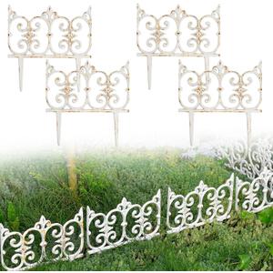 Sungmor Decorative Cast Iron Garden Edging, 4 Pack Rustic White Victorian Garden Edging Landscape Border, Vintage Metal Yard Stake Low Picket Fence, 10.6" Tall Outdoor Flower Bed Lawn Fence Panels (Rustic White - 10.6inch Tall)