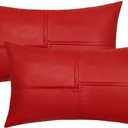 BRAWARM Faux Leather Throw Pillow Covers 12 X 20 Inches, Christmas Red Leather Lumbar Pillow Covers Pack of 2, Hand Stitched Leather Decorative Throw Pillows for Couch Sofa Bed Living Room Home Garden