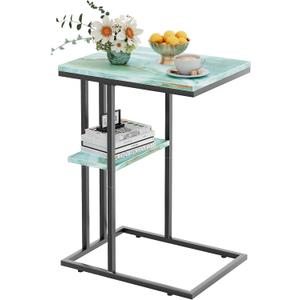 C Shaped End Side Table, Couch Sofa Table for Small Space, Snack Table with Metal Frame, TV Tray Table for Bed, Living Room, Bedroom, Bedside(Sea Blue), 15.6 X 11.7 X 23.4 Inches