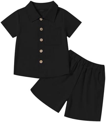 Neutocd Toddler Baby Boy Summer Clothes Cotton Linen Short Sleeve Solid Button Down Shirt Shorts Set Outfits with Pockets, Size 80, Black