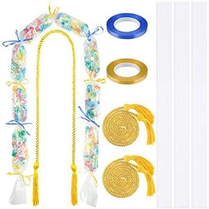 Teling 8 Pcs Graduation Candy Lei Tubing Making Kit Include 3 Lei Bag 4.92 Feet Long with 3 Tassel Honor Cord and 2 Rolls Ribbon for Graduation Party Favor Wrapping DIY Hawaii Tropical(Blue, Gold)
