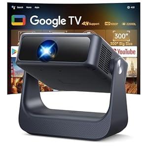 Buit-in Google TV & Voice ControlSmart Projector with WiFi 6 and Bluetooth, 4K Support Movie Outdoor Projectors Compatible with Netflix/Prime Video/YouTube, Auto Focus Home Proyector 180Stand (White)