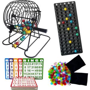 SEETOOOGAMES Deluxe Bingo Game Set - 8 Inch Metal Cage, 50 Paper Cards, 600 Colorful Clear Chips, Bingo Balls and Plastic Master Board, Great for Adults Large Groups, Familiy Games Nights Parties