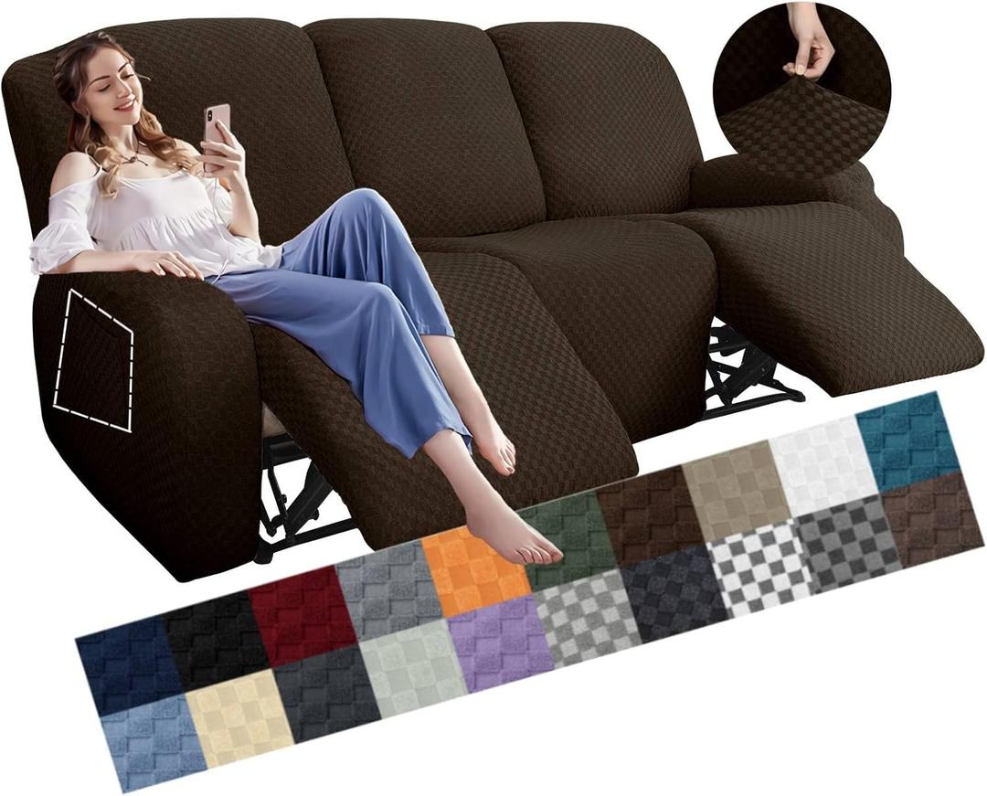 YEMYHOM 8 Pieces Stretch Recliner Sofa Cover Latest Jacquard Reclining Couch Cover with Side Pocket Anti-Slip Fitted 3 Cushion Furniture Slipcovers with Elastic Bottom (Sofa Recliner, Dark Coffee) (Standard 3 Seater)