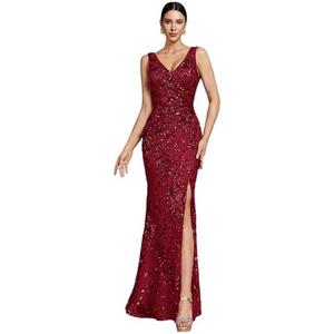 Elegant Long Sequin Formal Dress V-Neck Slit Design, Stretchy Fitted Glamorous, Burgundy, Medium