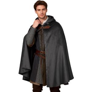 Adults Medieval Hooded Cloak for Renaissance Fair Halloween LARP | Hobbit Warrior Witch Wizard Knight Cosplay Cape, World Book Days Role-Play Costume, Comic-Con Outfit, Retro Masquerade Party (Black)