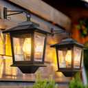 PASAMIC 2 Pack Solar Wall Lanterns with Replaceable Bulb,Outdoor Hanging Lights with 4 Solar Panels,Dusk to Dawn Led Outdoor Wall Sconce, Anti-Rust Waterproof Lanterns with Hooks,3000K Warm White
