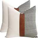cygnus 16x16 inch Pillow Covers Set of 2 Farmhouse Decor Stripe Patchwork Linen Throw Pillow Covers Modern Faux Leather Covers for Couch Sofa,Black