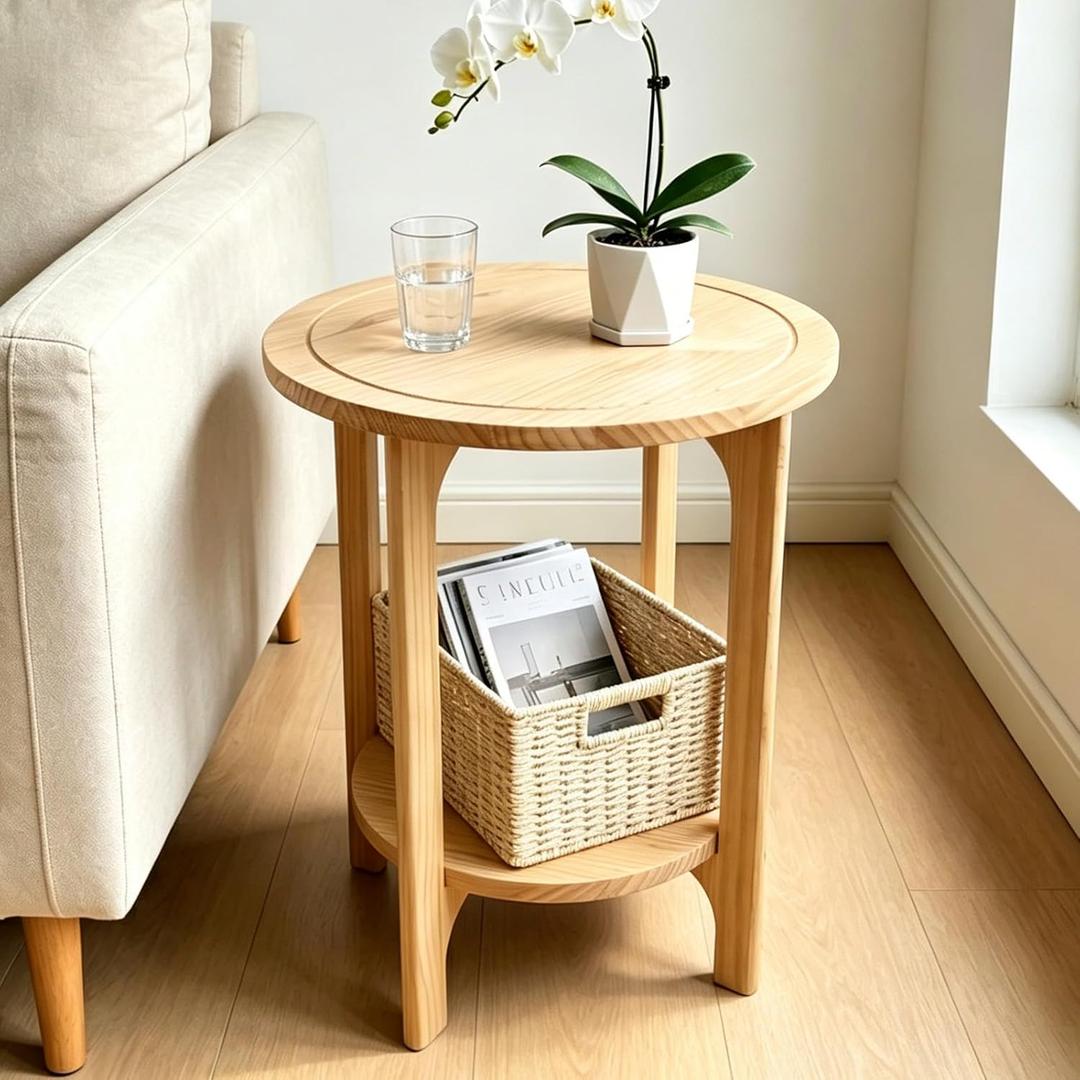 Solid Wood Round Side Table for Living Room, Bedroom, 17"W x 22"H