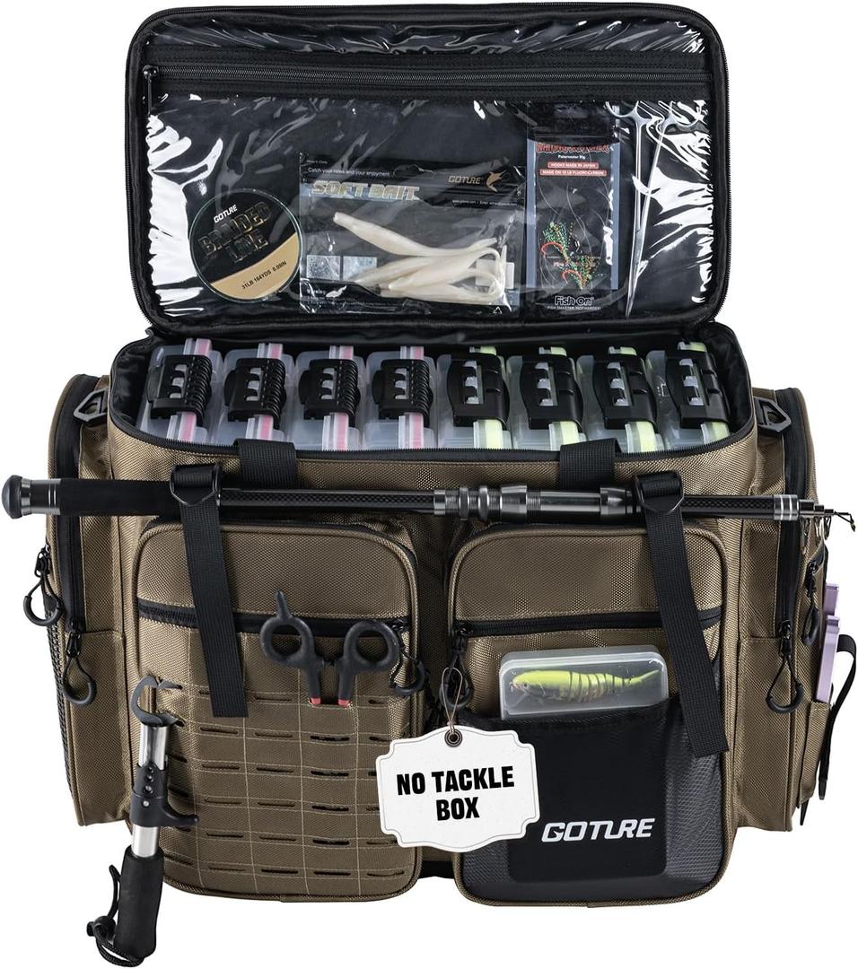 Goture Large Tackle Bag,1680D Water Resistant Saltwater Gear Storage Big Fishing Bag with EVA Bottom,Store Up to 8PCS 3700 Plus 4PCS 3600 Tackle Trays(Not Included),Gifts for Men,20.87x11.42x15.16