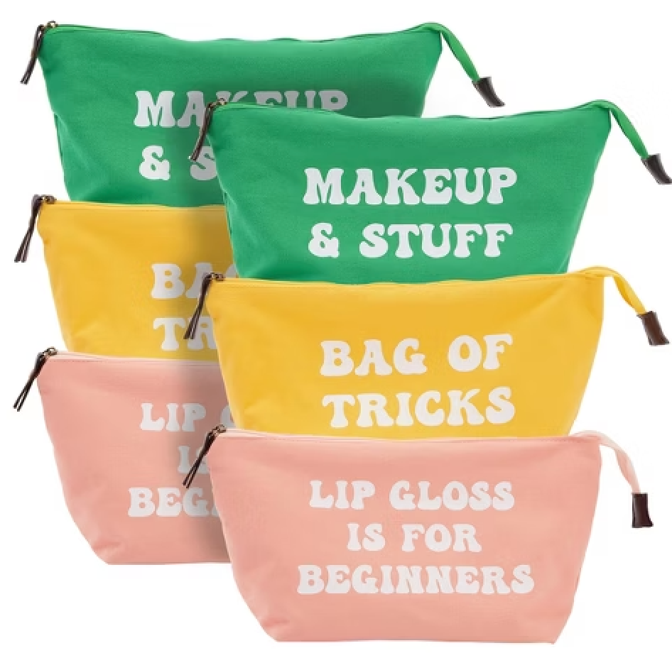 6 Pack Small Cosmetic Canvas Makeup Bags for Women with Zipper, 3 Colors and Designs (8 x 4 x 6 In)