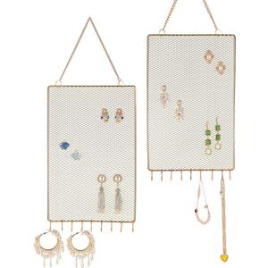 Heesch 2 Pack Earring Holder Wall Mounted Hanging Jewelry Organizer Display Decorative Metal Diamond Shape with Hooks for Necklaces Bracelets (Gold) (small grid golden)