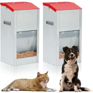 2 Pcs 15 Lbs Large Automatic Dog Feeders with Handle Acrylic Panel Galvanized Gravity Feeder Outdoor Hanging for Doggie Breed Dog Food Dispenser Container(Red)