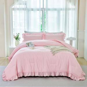 ANGIYUIN 5 Pieces Pink Twin Size Comforter Set for Girls Ruffled Kids Bed in A Bag with Sheet Sets Farmhouse Shabby Bedding Sets with Ruffle Soft Fluffy Bed Sets (Pink Twin)
