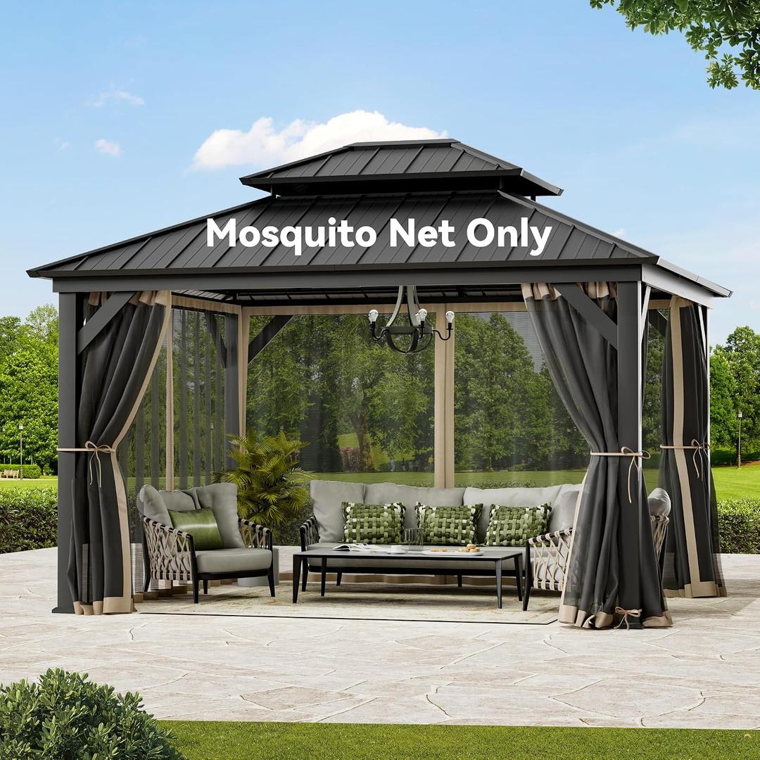 Covered Outdoor Gazebo Mosquito Netting Replacement Universal 4-Panel Sidewalls 11' x 13', Outdoor Gazebo Mosquito Nettings with Double Zipper, Replacement for Patio Canopy, Garden (Mosquito Net Only)