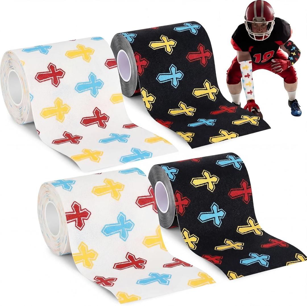 Geiserailie 4 Rolls 40ft Christian Cross Athletic Sports Wrap Sweatproof Wrist Tape Baseball 2" X 10ft Religion Jesus Faith Cross Football Turf Tape Soccer for Christian Athletes Easter Gifts