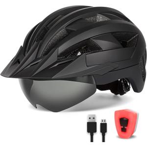 Adult Bike Helmet with Visor and Goggles for Men Women Mountain Road Bicycle Helmet Rechargeable Rear Light Cycling Helmet (L: 57-61 cm (22.4-24 inches), Black)