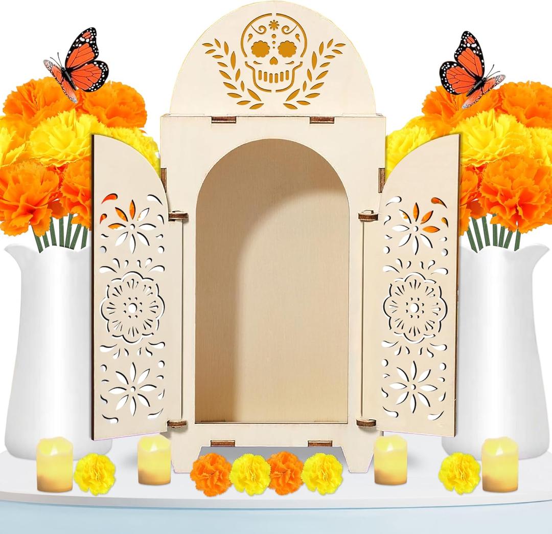 51Pcs Dia De Los Muertos Decorations Wooden Shadow Box Day of The Dead Ofrenda Altar Decor with Marigold Butterfly Candle Remembrance Supplies