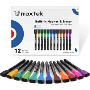 maxtek Magnetic Dry Erase Markers with Eraser - 12 Count Colorful Fine Tip Whiteboard Markers for Kids, Low Odor Whiteboard Markers for Calendar Boards White Board