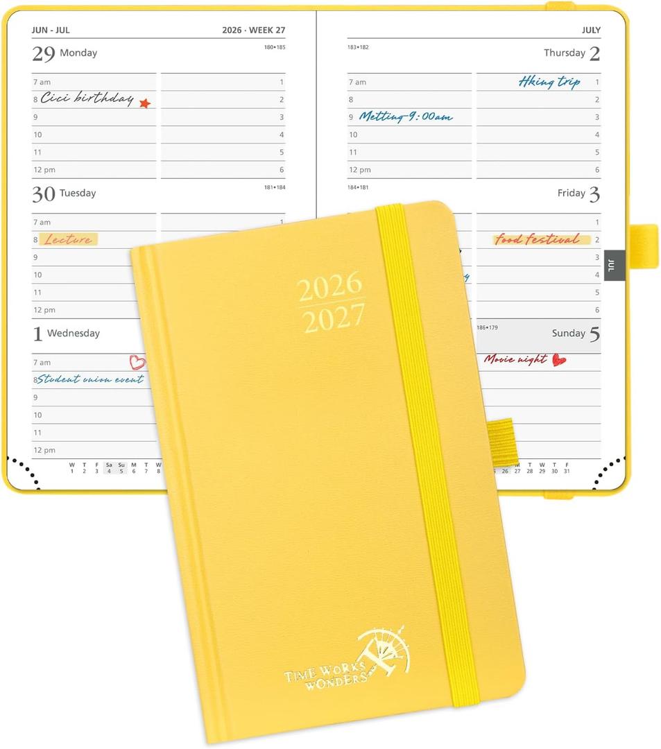 POPRUN 2026-2027 Academic Small Weekly Planner, 4" x 6.25" Purse Size Calendar, July 2026 to June 2027, Hardcover Appointment Book with Horizontal Layout, Hourly Time Slots - Light Yellow