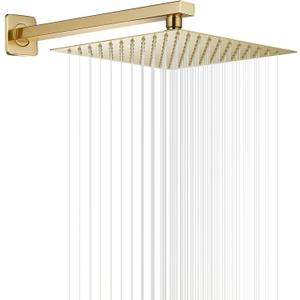 GGStudy Rain Shower Head Brushed Gold with Extension Arm 10 Inch Square Shower Head with 16 Inch Shower Arm Large Stainless Steel Rainfall Showerhead Waterfall Full Body Coverage