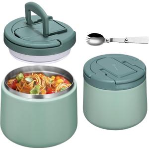 14oz Insulated Vacuum Food Jar with Buckle Lid, Soup Thermo for Hot Food Kids, Wide Mouth Leakproof Stainless Steel Lunch Container with Spoon-Green