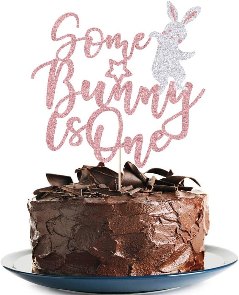 Some Bunny Is One Cake Topper with Glitter Easter Bunny First Birthday Cake Pick for Happy Easter Themed Baby Shower Kids 1st Birthday Party Cake Decorations Supplies 