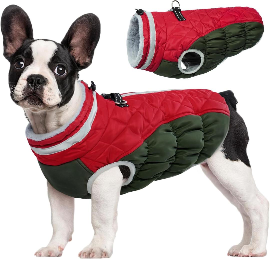 FUAMEY Dog Coat for Small Dogs,Waterproof Dog Winter Jacket with Harness Built in Puppy Cold Weather Coats Reflective Pet Vest with Zipper Warm Fleece Dogs Snowsuit Windproof  S(chest:17in)