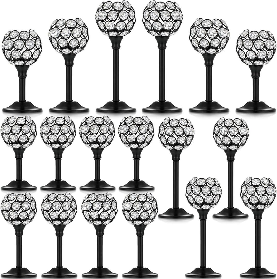 Qunclay 18 Pieces Crystal Candle Holders Bulk Candle Stick Holder Centerpieces for Table Wedding Centerpieces Crystal Decorative Tealight Dining Table Decor for Party(Black)