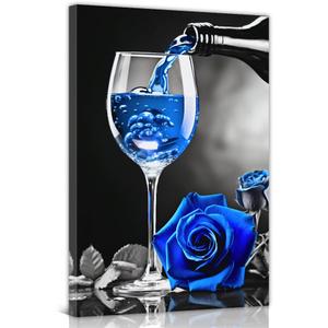 Blue Wine Wall Art Rose and Wine Canvas Painting Wine Glass Poster Kitchen Picture Prints for Dining Room Restaurant Decor Framed(Wine-2, 16.00" x 24.00")