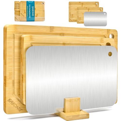 Babonie Bamboo Cutting Board Set of 2PC Large Bamboo Cutting Boards for Kitchen with Wooden Organizer, 1PC Stainless Chopping board for Meat, Vegetables and Fruits Ideas Kitchen Gift