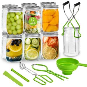 12-Pack Mason Jars 32 oz with Canning Supplies Starter Kit, Wide Mouth Pint Glass Jars with Lids, Jar Lifter Tongs,Funnel,6 in 1 Canner Tools Set for Canning, Pickling (32oz Jars with Tools)