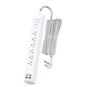 Surge Protector Power Strip 10 ft with 4 USB Ports 2 USB-C 6 AC Outlets, Flat Plug Extension Cord, USB Charging Station, Wall Mountable for Home, Office, Dorm Essentials, 1080J, ETL Listed