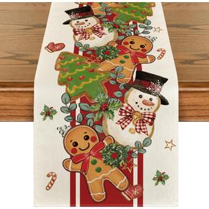 Artoid Mode Gingerbread Snowman 210 GSM Christmas Table Runner, Seasonal Winter Tree Kitchen Dining Table Decoration for Home Party Decor 13x48 Inch (Beige-red)
