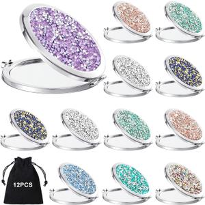 Cindeer 12 Pcs Small Compact Mirror Folding Pocket Makeup Round Hand Held Cosmetic Magnifying Compact Rhinestone Mirror with 1X/2X Magnification for Women Girls Travel (Bright Colors)