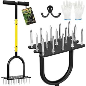 Lawn Aerator Tool, Spike Metal Manual Aerators with 15 Iron Spikes, T Handle and Wide Foot Plate, Easily Assemble Dethatching Soil Aerating Yard Grass Hand Garden Tool for Revives Lawn Health