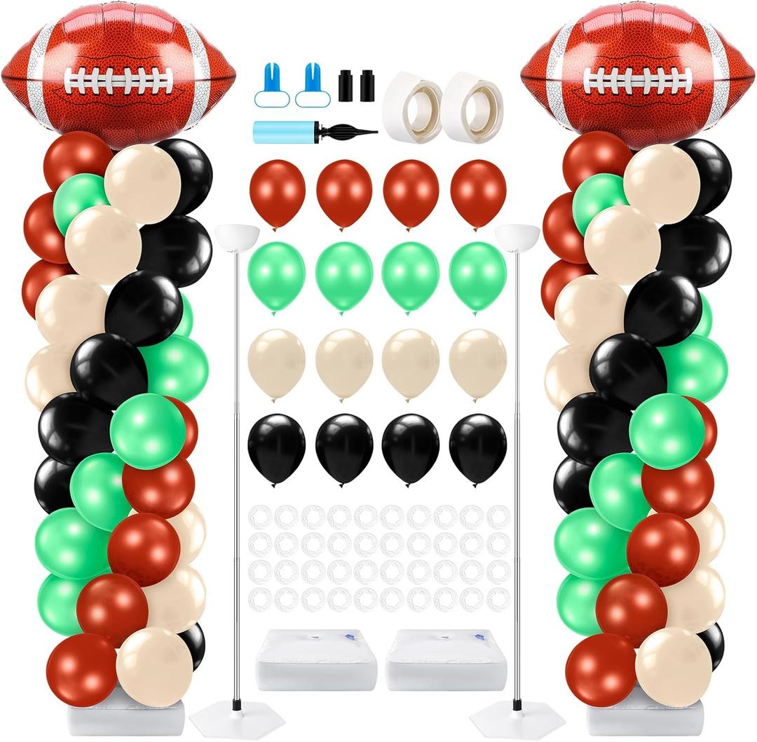 Kasyat 2 Sets Football Party Balloon Column Stand Kit with 2 Football Foil Balloons 100 Latex Balloons, Adjustable Balloon Stands for Game Sports Birthday Party Themed Decorations (Brown)