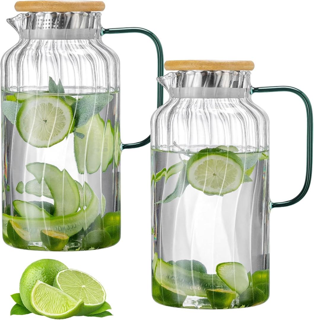 2 PACK Glass Pitcher with Lid, 68 oz/ 2 Liter Classic Vertical Stripes Water Pitcher with Bamboo Lids,Glass Water Carafe for Cold Brew, Coffee, Lemonade, Iced Sun Tea,Beverage,Milk (Clear)