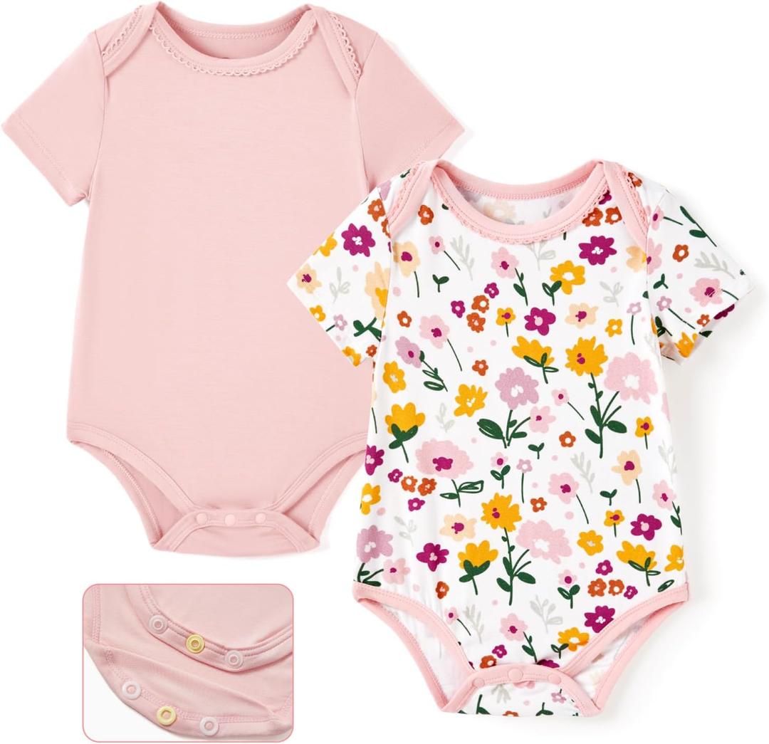 PATPAT Baby Bodysuits Supersoft Bamboo Viscose - Short Sleeve Boys and Girls - Newborn Infant Unisex Clothes Pack (0-3 Months, Pink Flowers)