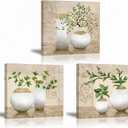 3 Piece Wall Art for Bathroom/Hallway, SZ HD Elegant Canvas Painting Prints of Green Spring Plants in Vases on Beige/Tan Picture (Waterproof Decor, Ready to Hang, 12x12 x3)