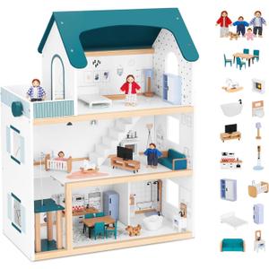 OOOK Wooden Dollhouse with Liftable Elevator - 2.6 Feet High Modern Doll House for Kids Toddlers - Including 21 Furniture Pieces, 4 Family Dolls, and 1 pet