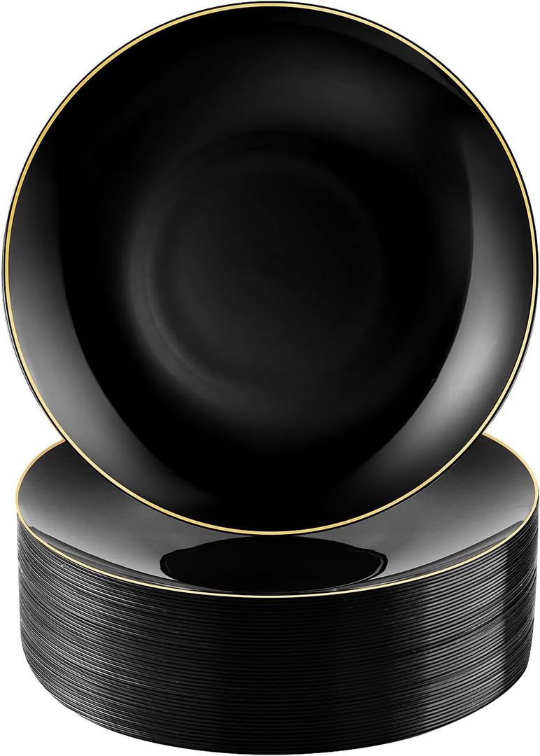 Bestluck 100 PCS Black Gold Plastic Plates, 7 inch Black Disposable Plates for Party, Disposable Dessert Plates for Party, Graduation, Birthday, Wedding