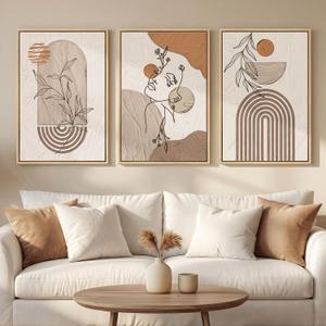 Framed Earth Tone Boho Abstract Wall Art Bedroom, 3 Piece Neutral Modern Bohemian Paintings Prints Canvas Artwork for Walls, Boho Triptych Pictures for Living Room Home Office Wall Decor, 16x24 Inch