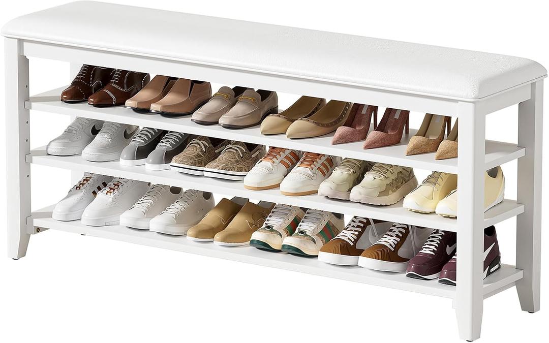 Taitiy Shoe Bench with 3 Tier Adjustable Shelves Rubberwood Entryway 47.2''